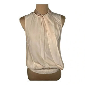 BEBE Sleeveless Jeweled Halter Neck Nude Collar Blouse Small‎
